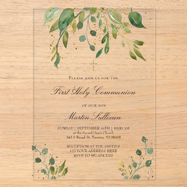 Invitations En Acrylique conception de verdure | Première Communion (Recto)