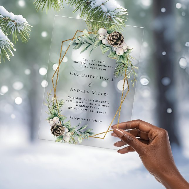 Invitations En Acrylique Cône de pin verdure géométrique or clair mariage (Créateur téléchargé)