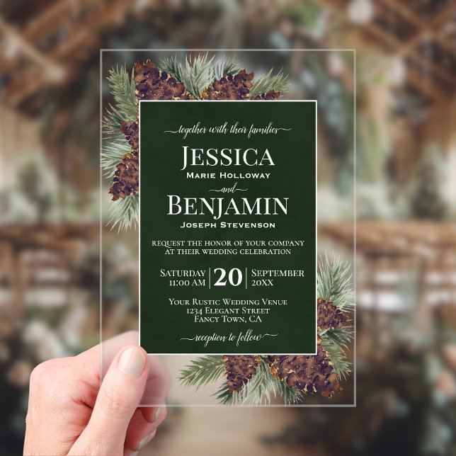 Invitations En Acrylique Cônes de pin rustiques et branches Mariage texte é (Créateur téléchargé)