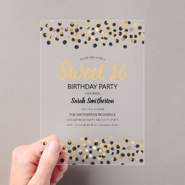 Invitations En Acrylique Confettis de Fête Dorés et Noirs Sweet 16 (In situ (ordinateur de poche))