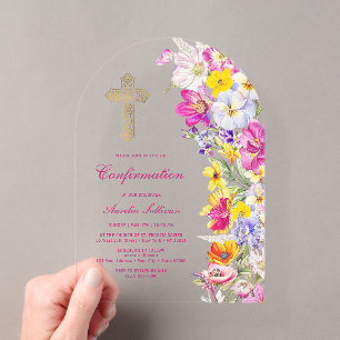 Invitations En Acrylique Confirmation Arc de Fleurs Sauvages Lumineuses