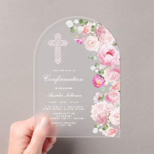 Invitations En Acrylique Confirmation Arches de pivoines roses à l'aquarell