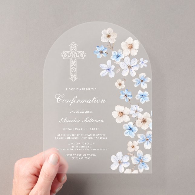 Invitations En Acrylique Confirmation avec arche de fleurs d'anémones bleue (In situ (ordinateur de poche))