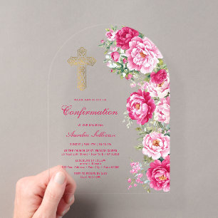 Invitations En Acrylique Confirmation avec arche de pivoines rose chaud