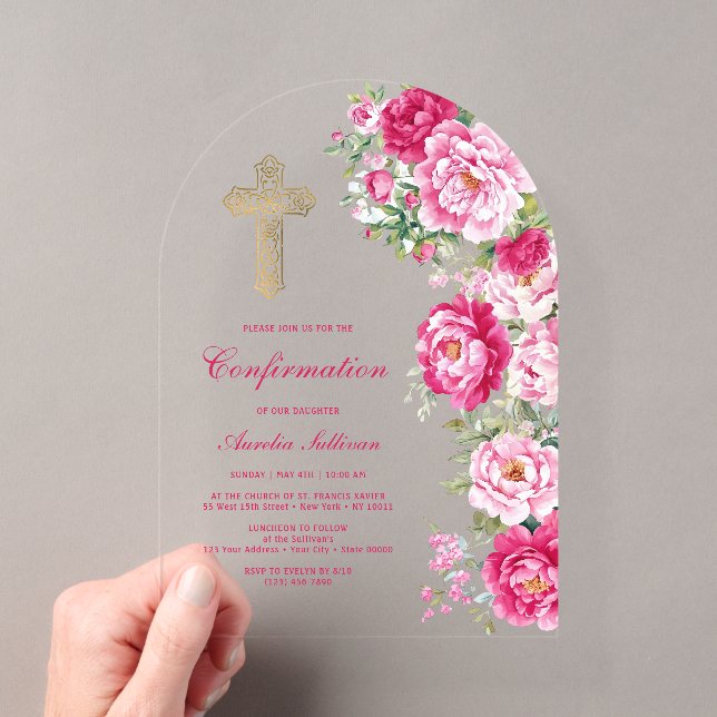 Invitations En Acrylique Confirmation avec arche de pivoines rose chaud (In situ (ordinateur de poche))