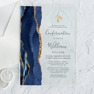 Invitations En Acrylique Confirmation bleu marine agate or scintillant