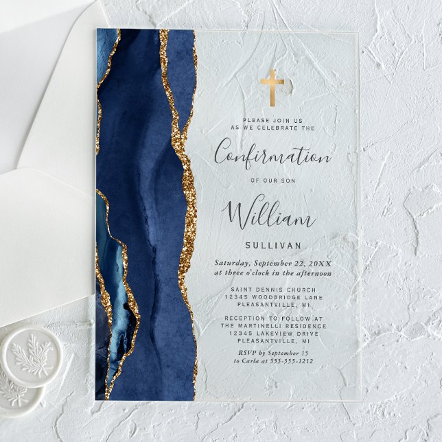 Invitations En Acrylique Confirmation bleu marine agate or scintillant (Créateur téléchargé)