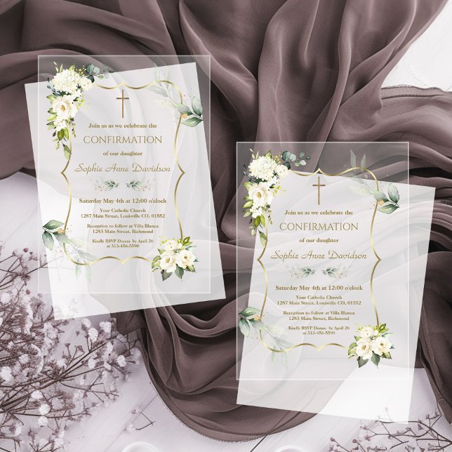Invitations En Acrylique Confirmation Charmeuse Florale Blanche  (Créateur téléchargé)