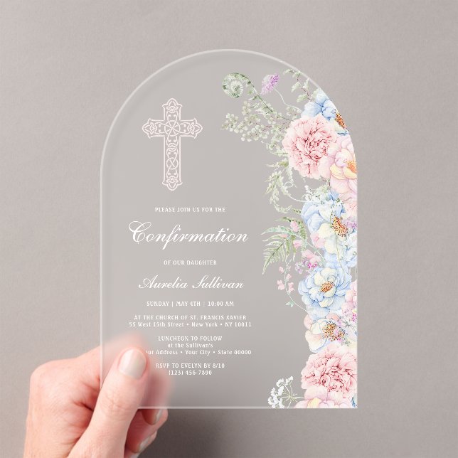Invitations En Acrylique Confirmation d'arc de pivoines délicates (In situ (ordinateur de poche))