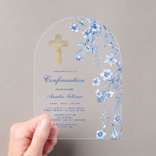 Invitations En Acrylique Confirmation d'arche de fleurs sauvages bleu franç