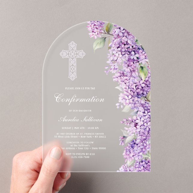 Invitations En Acrylique Confirmation d'arche de lilas élégante (In situ (ordinateur de poche))