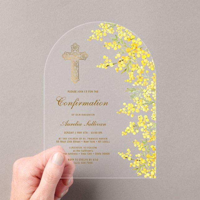 Invitations En Acrylique Confirmation d'arche de mimosa à l'aquarelle (In situ (ordinateur de poche))