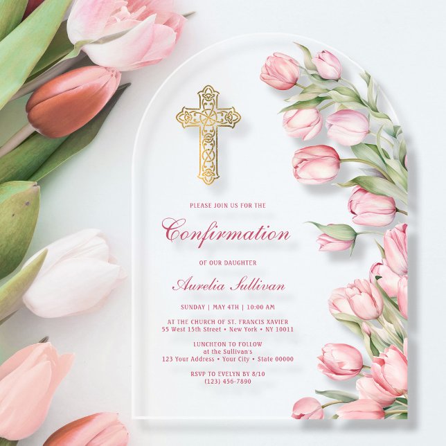 Invitations En Acrylique Confirmation d'arche de tulipes à l'aquarelle (Créateur téléchargé)