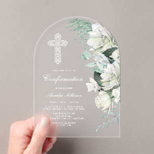 Invitations En Acrylique Confirmation d'arche de verdure de roses blanches