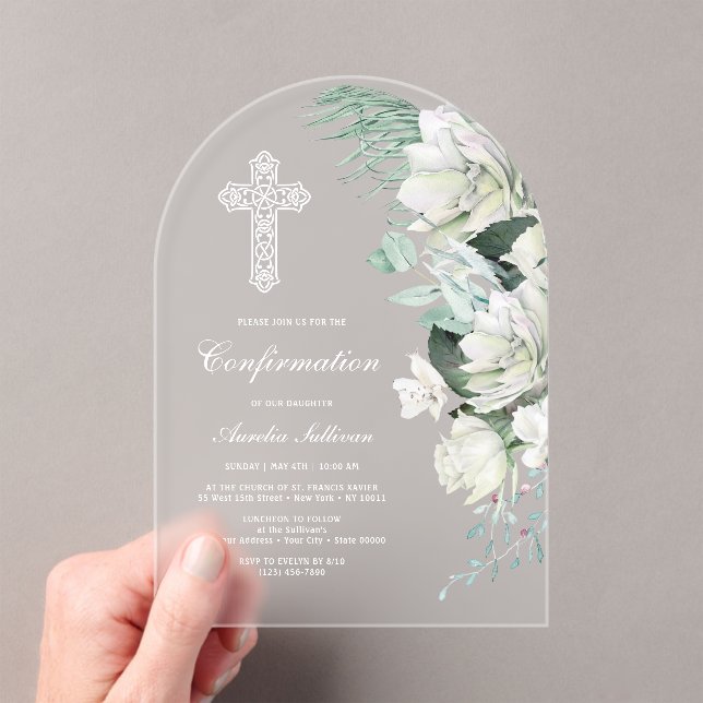 Invitations En Acrylique Confirmation d'arche de verdure de roses blanches (In situ (ordinateur de poche))