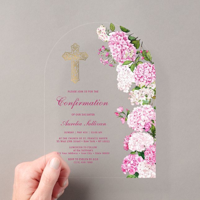 Invitations En Acrylique Confirmation d'arche d'hydrangea rose (In situ (ordinateur de poche))