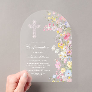 Invitations En Acrylique Confirmation de Fleurs de Prairie Élégante