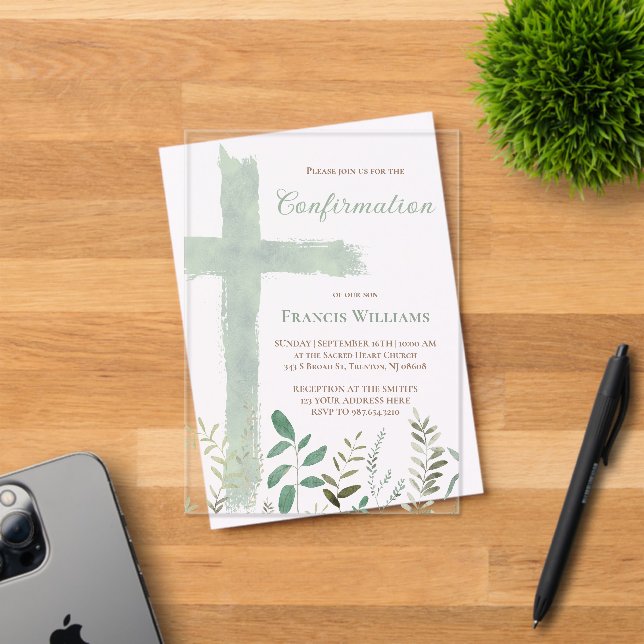 Invitations En Acrylique Confirmation de la croix à l'aquarelle verte (Insitu (Carte d'invitation))