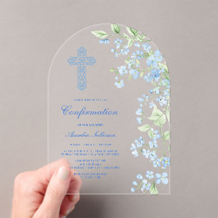Invitations En Acrylique Confirmation de l'arc des fleurs d'aquarelle bleue