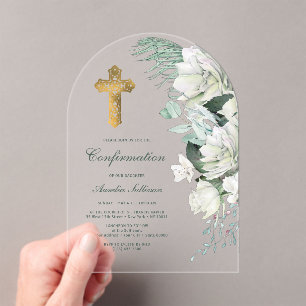 Invitations En Acrylique Confirmation de l'arc vert des fleurs blanches