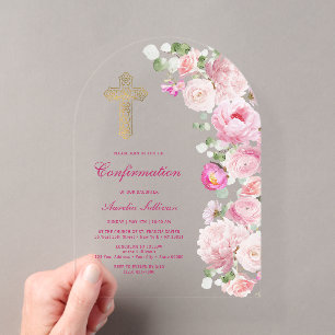Invitations En Acrylique Confirmation de l'arche de pivoines roses