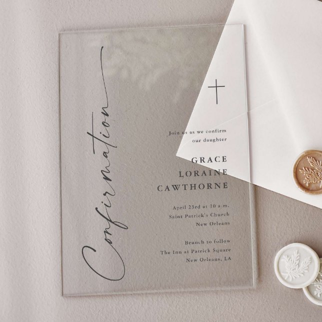 Invitations En Acrylique Confirmation de style élégant moderne (Modern handwritten religious confirmation acrylic invitations.)