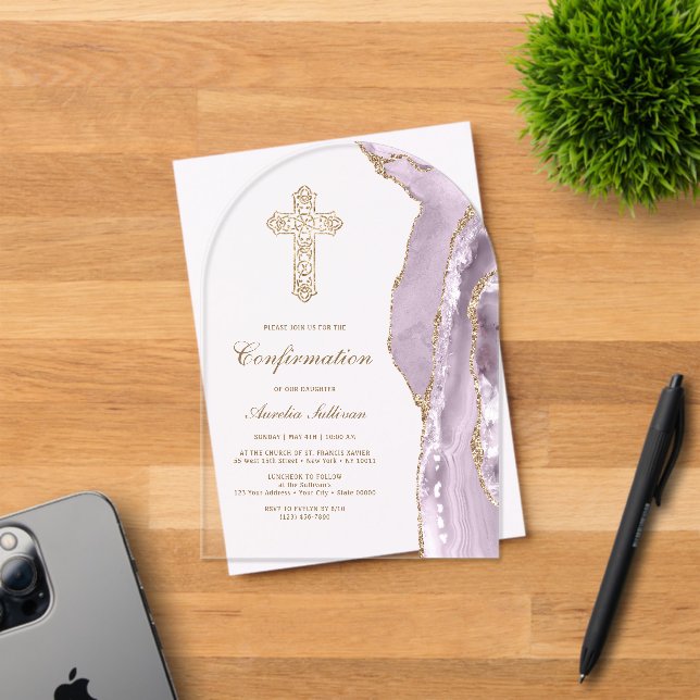 Invitations En Acrylique Confirmation Dusty Lilac Agate (Insitu (Carte d'invitation))