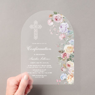 Invitations En Acrylique Confirmation élégante avec arches de roses