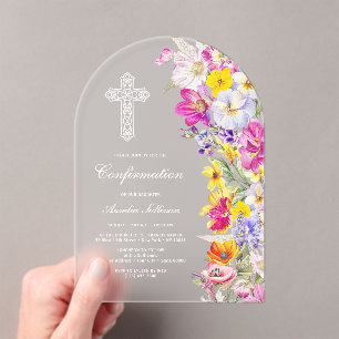 Invitations En Acrylique Confirmation élégante sous une arche de fleurs sau