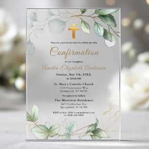 Invitations En Acrylique Confirmation Eucalyptus Greenery Gold Girl