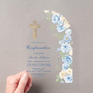 Invitations En Acrylique Confirmation Fleurs Bleues et Ivoire sous une Arch