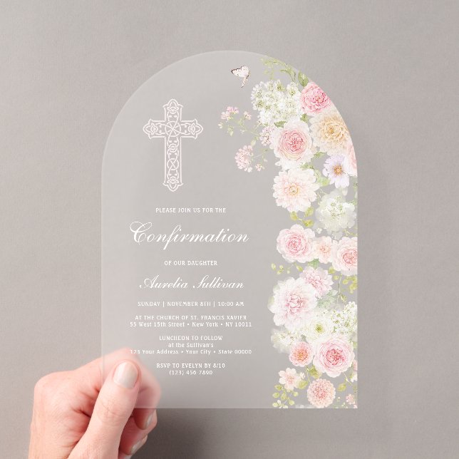 Invitations En Acrylique Confirmation Fleurs de Pêcher Rose Arch (In situ (ordinateur de poche))