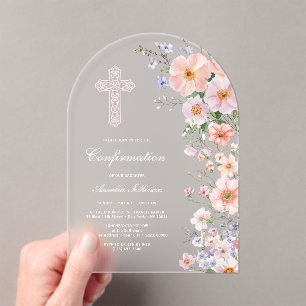 Invitations En Acrylique Confirmation Fleurs de Prairie Pastel en Arche