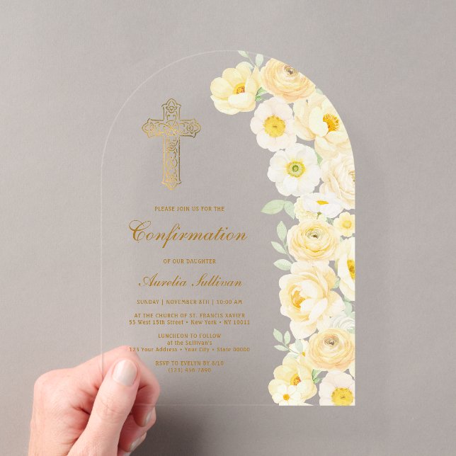 Invitations En Acrylique Confirmation Fleurs Jaunes Arche (In situ (ordinateur de poche))