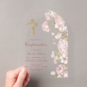 Invitations En Acrylique Confirmation Fleurs Rose Arch