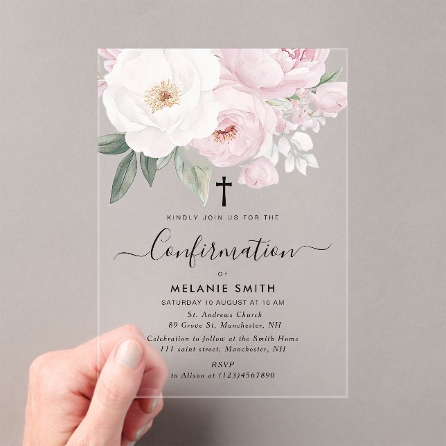 Invitations En Acrylique Confirmation fleurs roses et blanches aquarelle (In situ (ordinateur de poche))