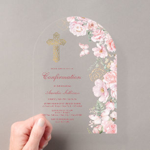 Invitations En Acrylique Confirmation Fleurs Roses et Papillons sous Arche