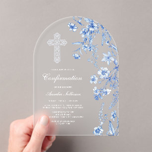 Invitations En Acrylique Confirmation Fleurs Sauvages Bleu Français Arch