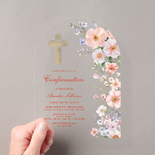 Invitations En Acrylique Confirmation Fleurs Sauvages Pastel sous Arche