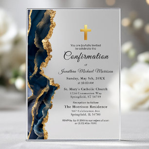 Invitations En Acrylique Confirmation Gold de l'Agate bleu