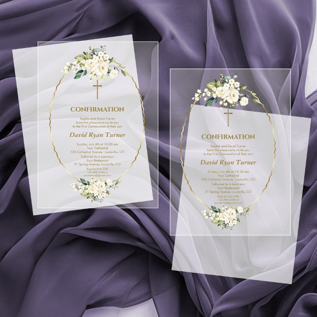 Invitations En Acrylique Confirmation Luxe Fleurs Blanches Or Garçon (Créateur téléchargé)