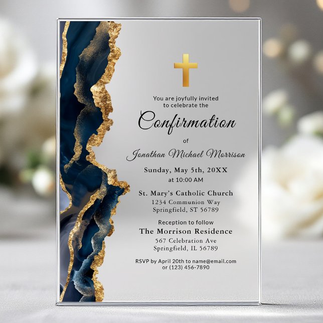 Invitations En Acrylique Confirmation Or en Agate Bleue (Créateur téléchargé)