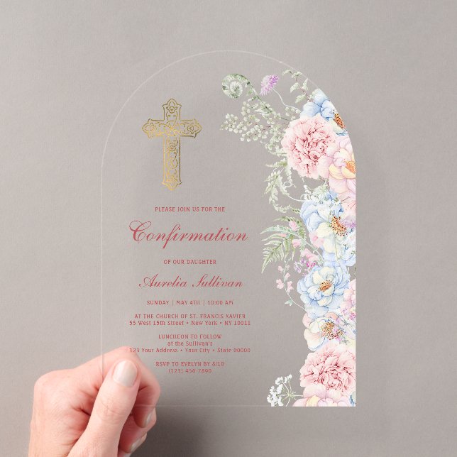 Invitations En Acrylique Confirmation Pastel de Pivoines Arche (In situ (ordinateur de poche))