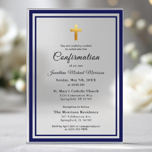 Invitations En Acrylique Confirmation Royal Blue White Minimalist Boy