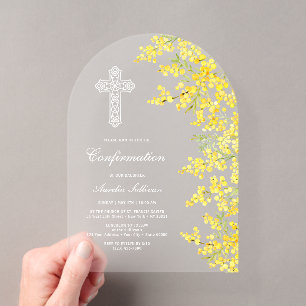 Invitations En Acrylique Confirmation sous une arche de fleurs de Mimosa
