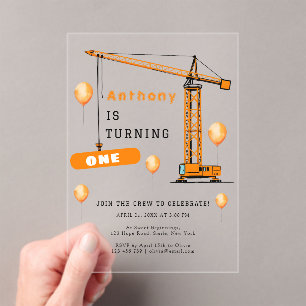 Invitations En Acrylique Construction Grue Enfants et adultes Anniversaire