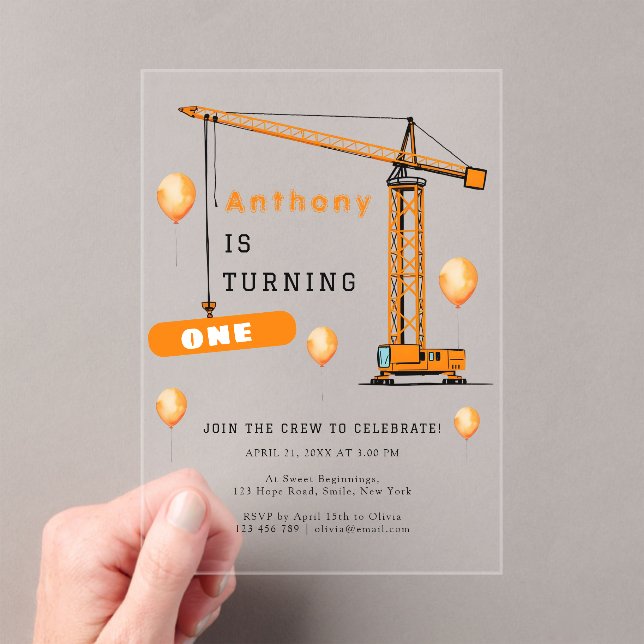 Invitations En Acrylique Construction Grue Enfants et adultes Anniversaire (In situ (ordinateur de poche))