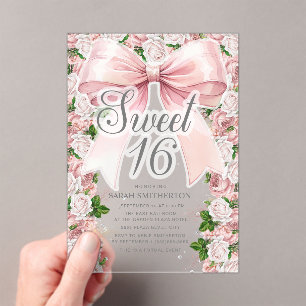 Invitations En Acrylique Coquette Bow rose Floral Vintage Sweet 16