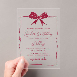 Invitations En Acrylique Coquette Bow rouge dessinée à la main Mariage chic