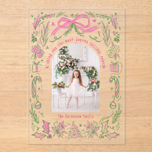 Invitations En Acrylique Coquette Famille de Noël Photo Pink Green Doodle